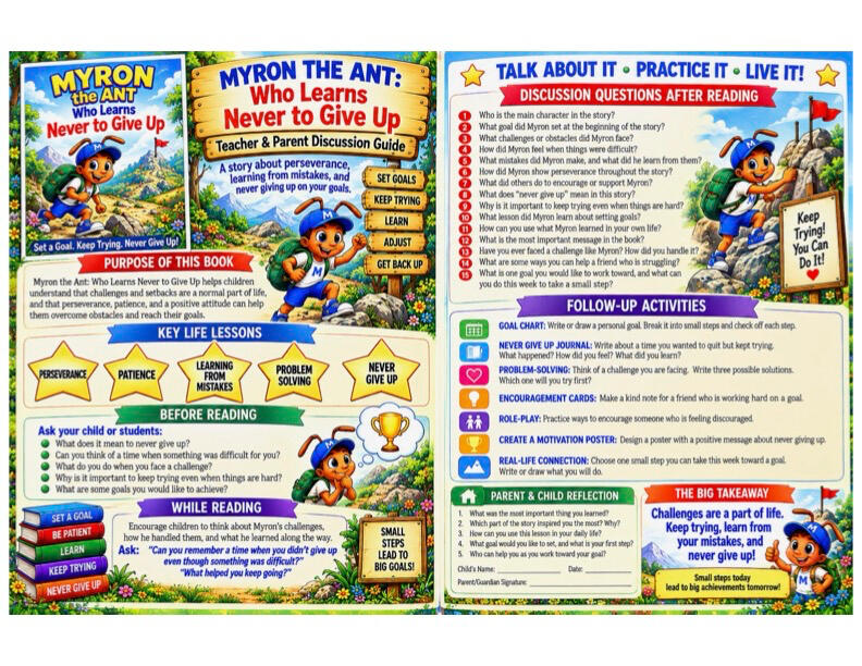 Myron the Ant - Who Chose His Own Path - Parent & Teacher Guide Colorful parent and teacher discussion guide for Myron the Ant who Chose His Own Path