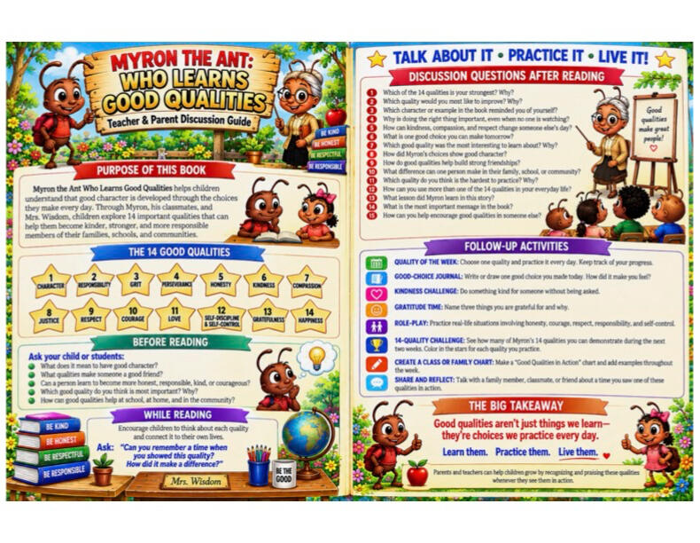 Myron the Ant - Who Chose His Own Path - Parent & Teacher Guide Colorful parent and teacher discussion guide for Myron the Ant who Chose His Own Path